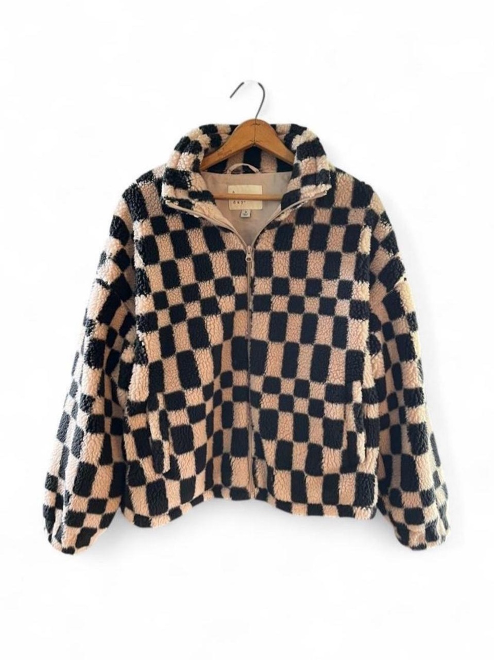 Black Pink Checkered Sherpa Fleece Jacket Zip Up Cozy Y2K Plaid A New Day